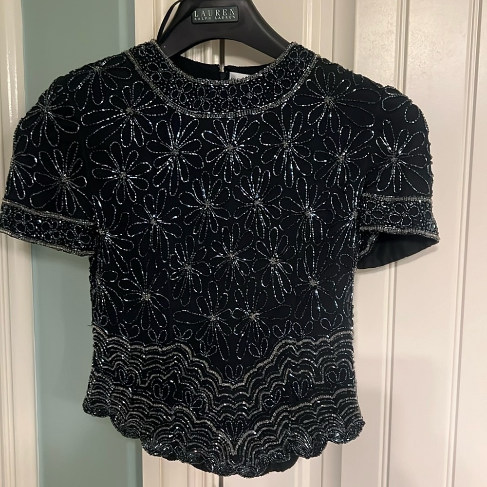 Vintage 100% Silk Papell Boutique Evening Black Silver Beaded Sequin Top S